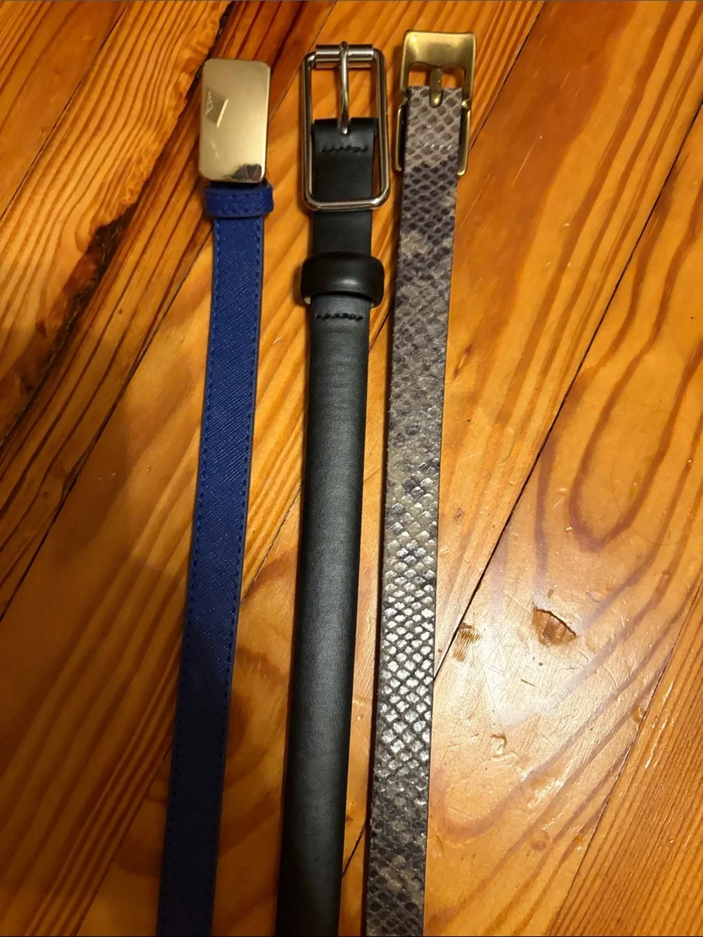 Sleek Women’s belts .Lot of 3 black, royal blue and snake skin . Fits sizes 6-10